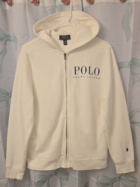 Rare Polo by Ralph Lauren Boys XL White Navy Logo Full Zip Up Hooded Sweatshirt